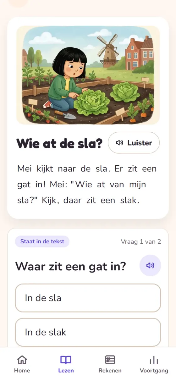 A reading comprehension text at Niveau 2: a drawing of a girl by the lettuces in a vegetable garden, the Dutch title and four short sentences with a listen button, and below them the question where the hole is, with answers to choose from.