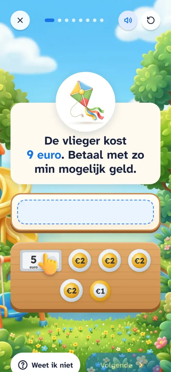 A maths question in the park world: the kite costs 9 euros, pay with as little money as possible. Below, coins of 1 and 2 euros and a 5-euro note.