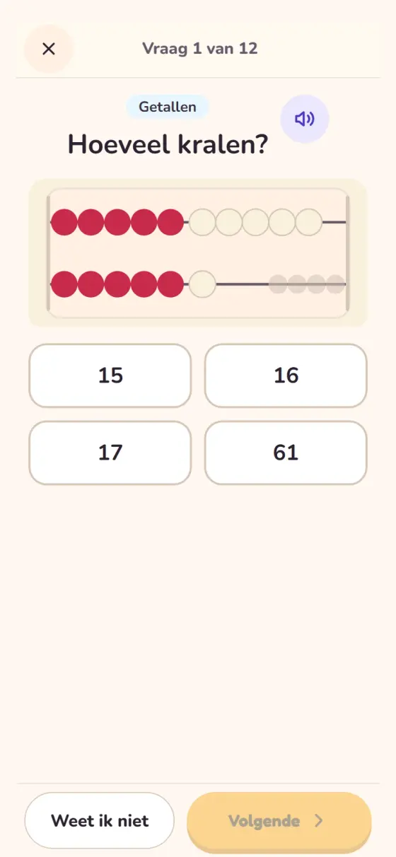 Question 1 of 12 from a Niveau 2 maths practice test: how many beads? A bead frame, four answers to choose from (15, 16, 17 and 61), a listen button, and the buttons for I don't know and next.