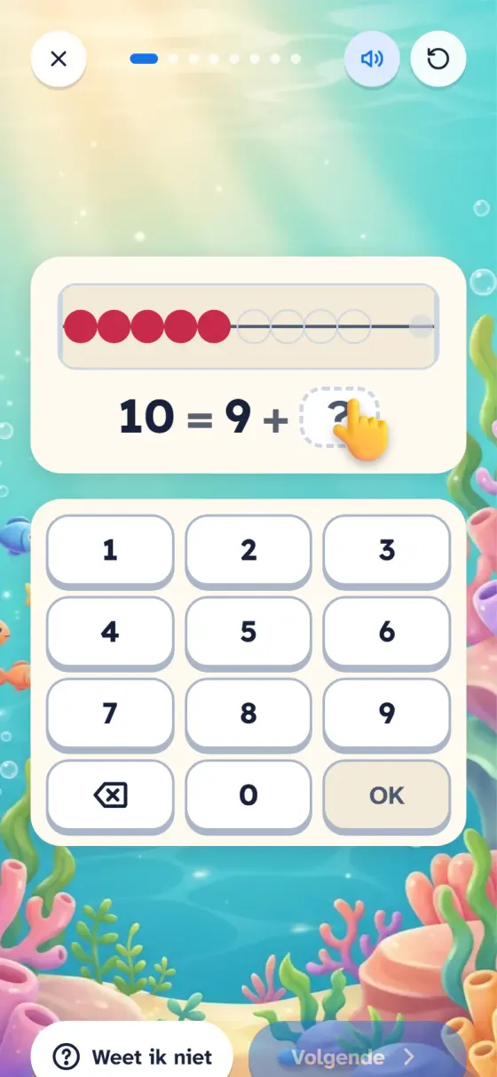 An addition with the bead frame in the sea world: 10 is 9 plus what? Below it a keypad with the digits 0 to 9, an OK key and the button for I don't know.