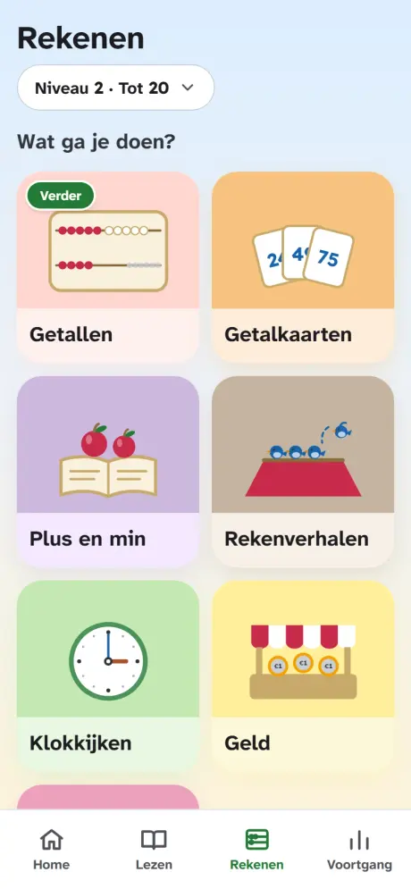 Smartinga's maths menu at Niveau 2, with the cards for numbers, number cards, adding and subtracting, maths stories, telling the time and money.