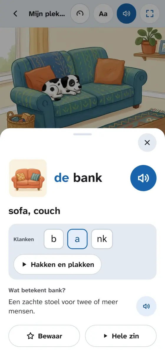 The word bank (sofa) has been tapped: a picture of a sofa, the English meaning sofa, couch, the sounds b, a and nk, a button to split and blend them, and a short explanation in simple Dutch.