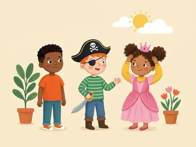 Three children: a boy in an orange shirt, a pirate and a princess.