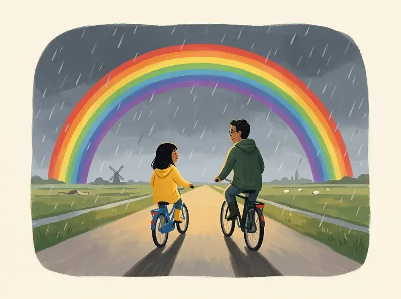 A child and an adult cycling along a road under a rainbow.